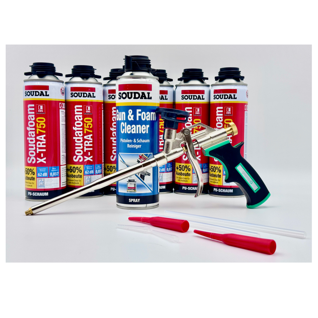 Soudal Set 6x Soudafoam B2 X-TRA750 500ml + Reiniger + greenteQ Pistole