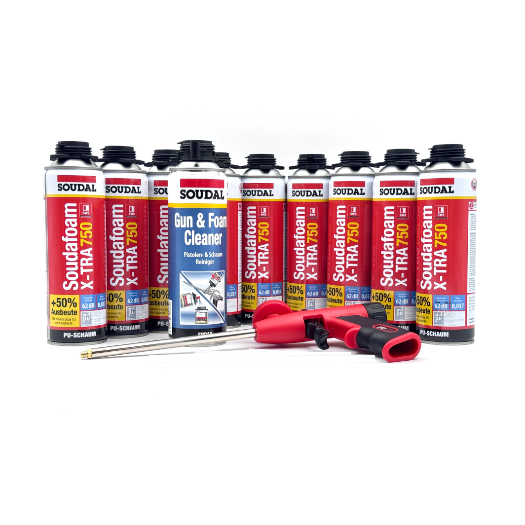 Soudal Set 9x Soudafoam B2 X-TRA750 500ml + Reiniger +  Iron Ergo X7 Pistole