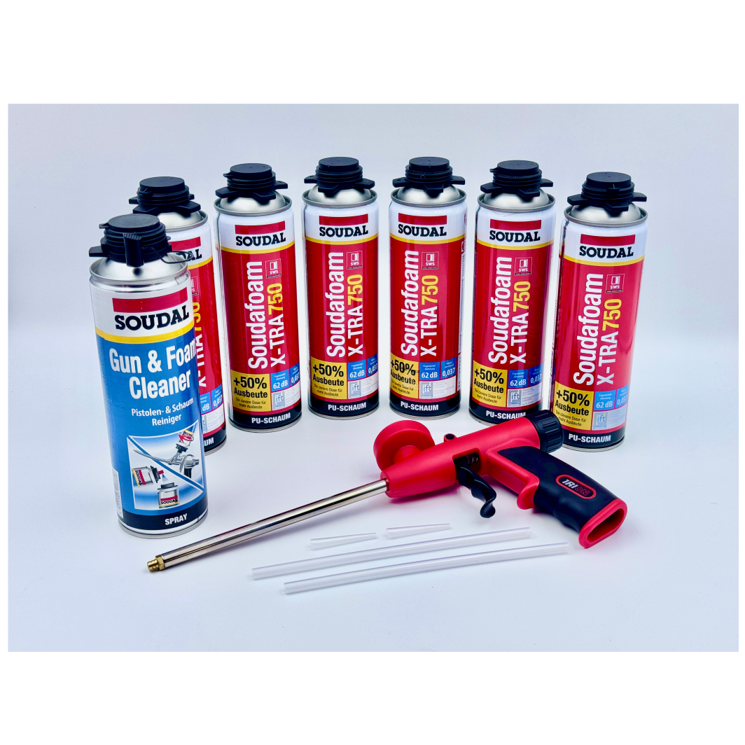Soudal Set 6x Soudafoam B2 X-TRA750 500ml + Reiniger +  Iron Ergo X7 Pistole