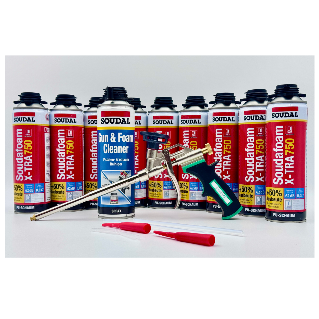 Soudal Set 9x Soudafoam B2 X-TRA750 500ml + Reiniger + greenteQ Pistole