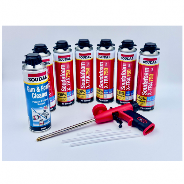 Soudal Set 6x Soudafoam B2 X-TRA750 500ml + Reiniger +  Iron Ergo X7 Pistole
