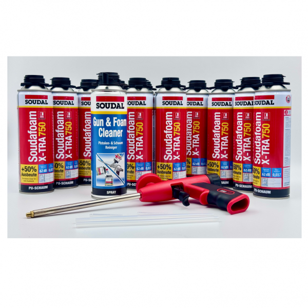 Soudal Set 12x Soudafoam B2 X-TRA750 500ml + Reiniger +  Iron Ergo X7 Pistole